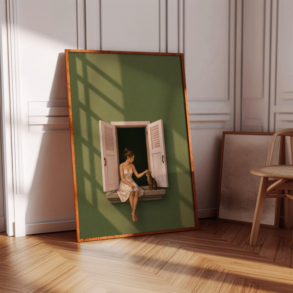 Whimsical Woman And Kitten, Bedroom Decor Art Print