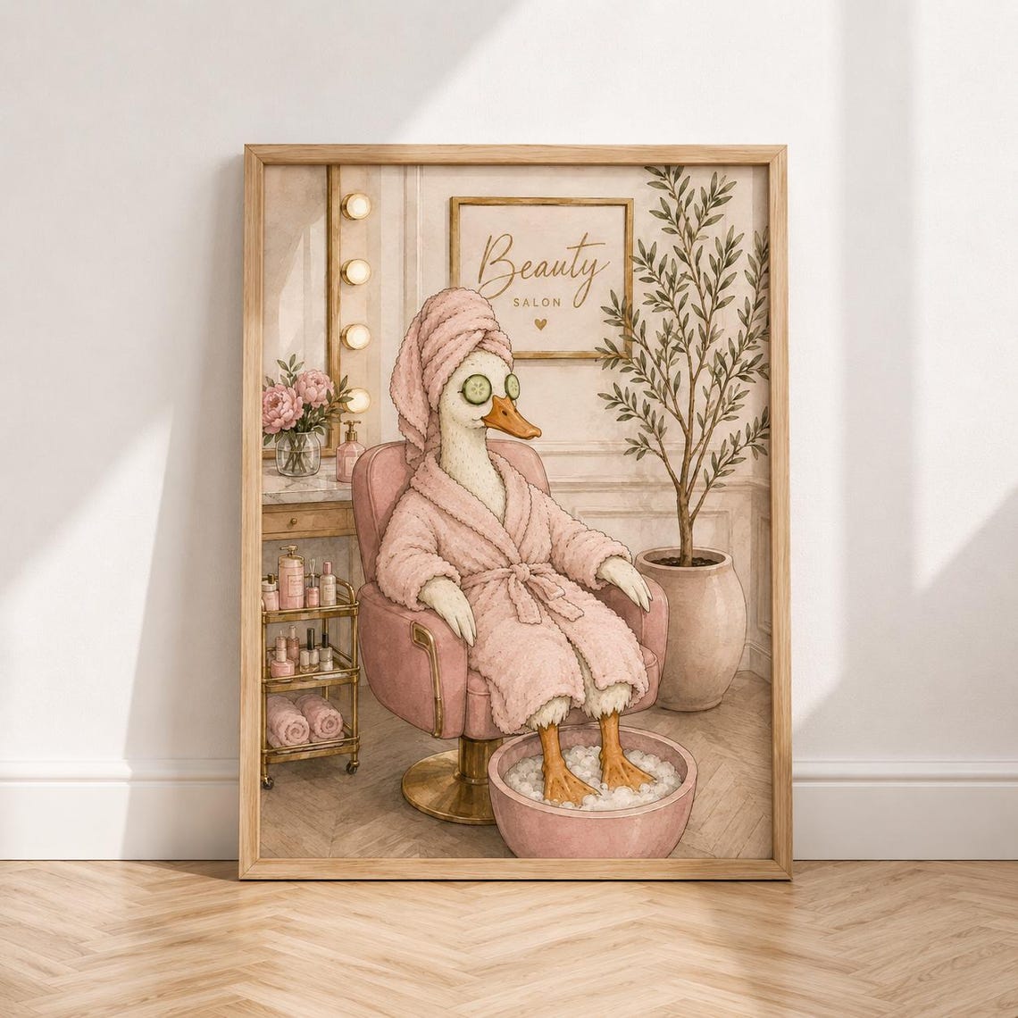 Duck At Beauty Salon In Pink Robe Getting Pedicure Funny Poster