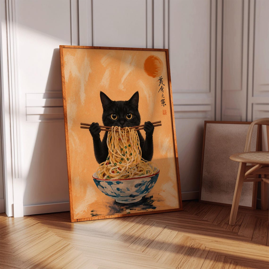 Black Cat Eating Ramen Japanese Orange Kitchen Noodle Art Poster