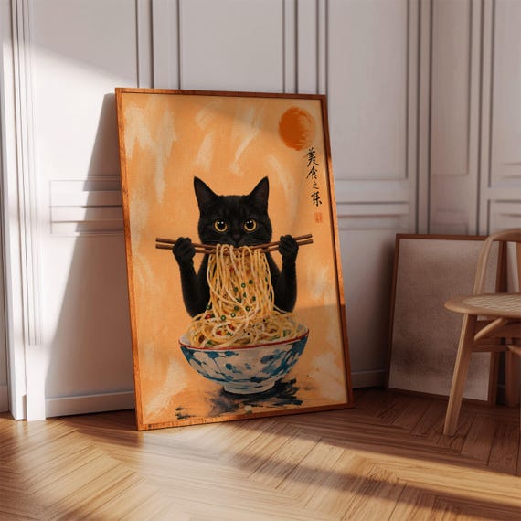 Cat Eating Ramen Noodles Poster Japanese Style Orange Kitchen Decor Wall Art Print