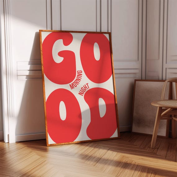 Good Morning Night Print Red Bedroom Wall Art Instant