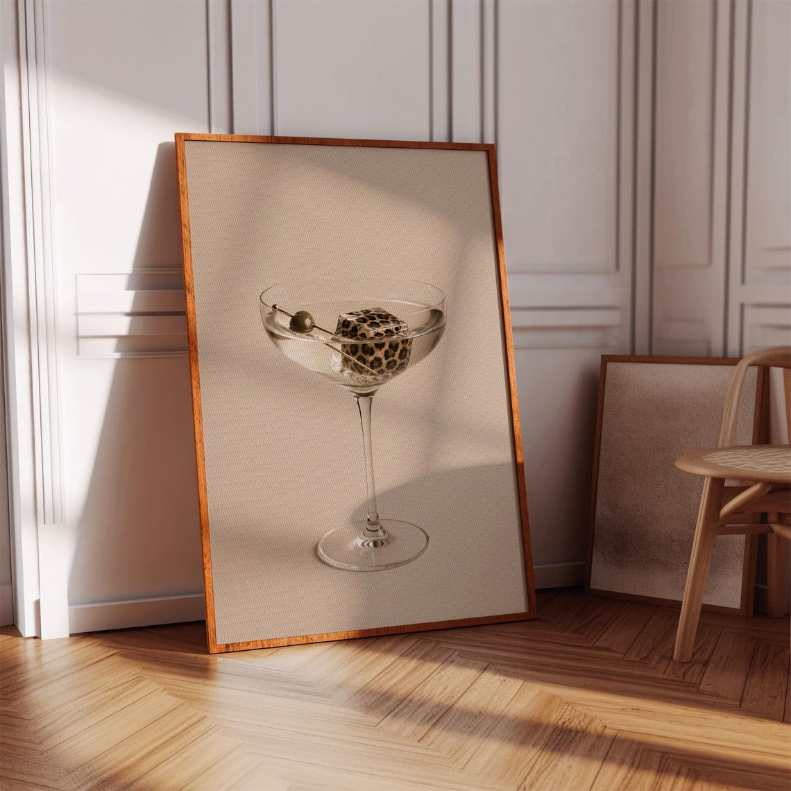Martini Cocktail Leopard Ice Cube Olive Beige Minimal Chic Poster