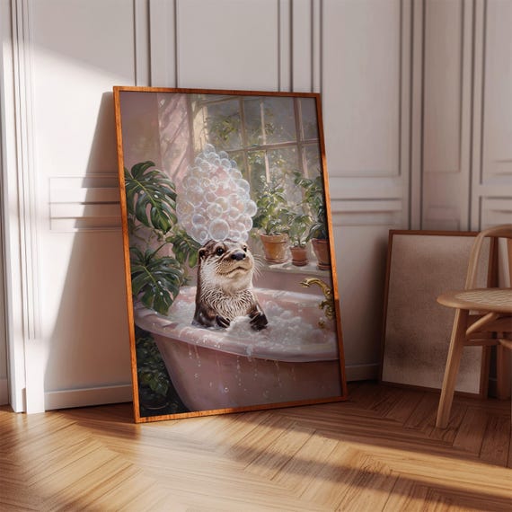 Otter In Bathtub Print Retro Bathroom Wall Art Digital Download