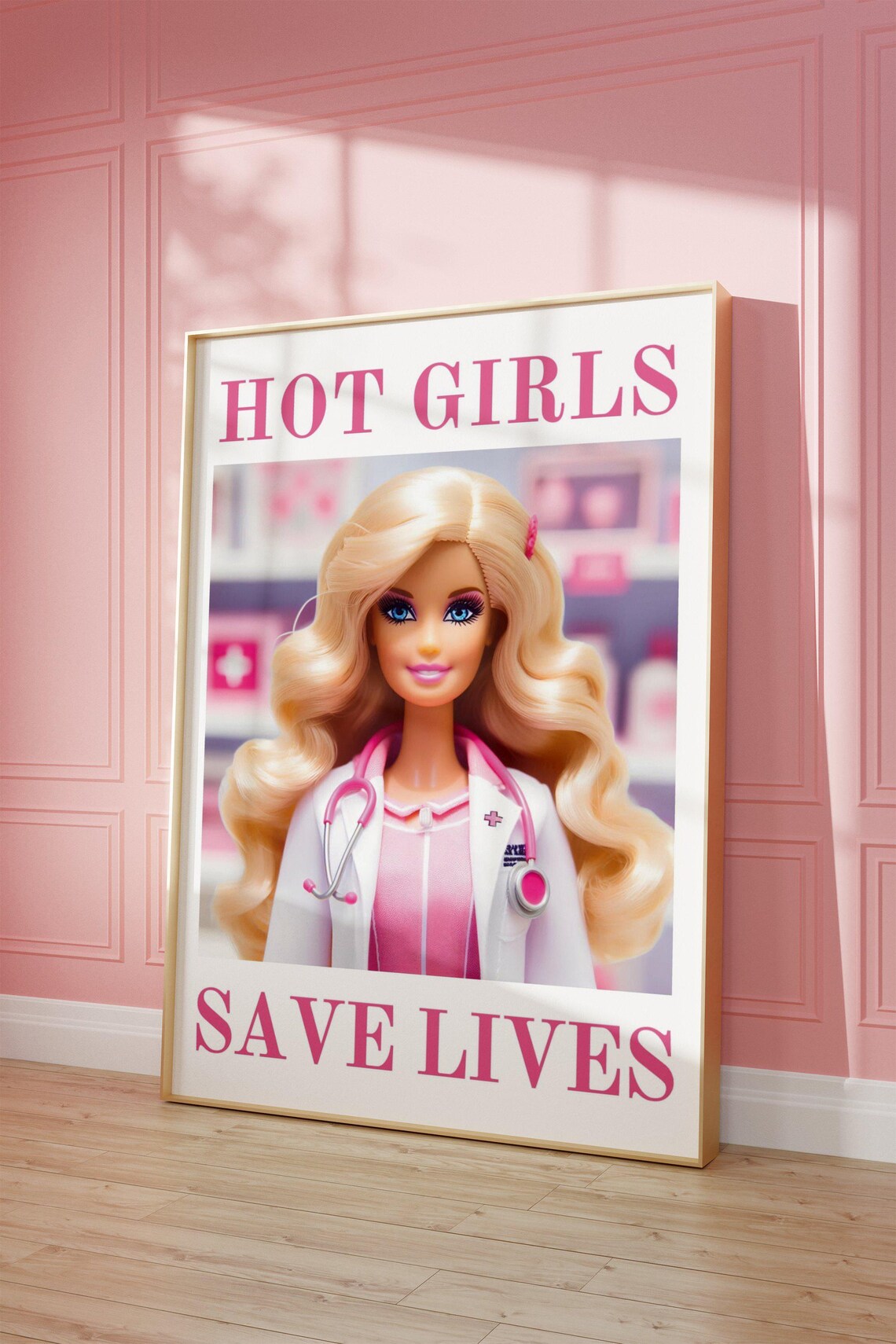 Girly Doctor Poster, Pink Healthcare Illustration