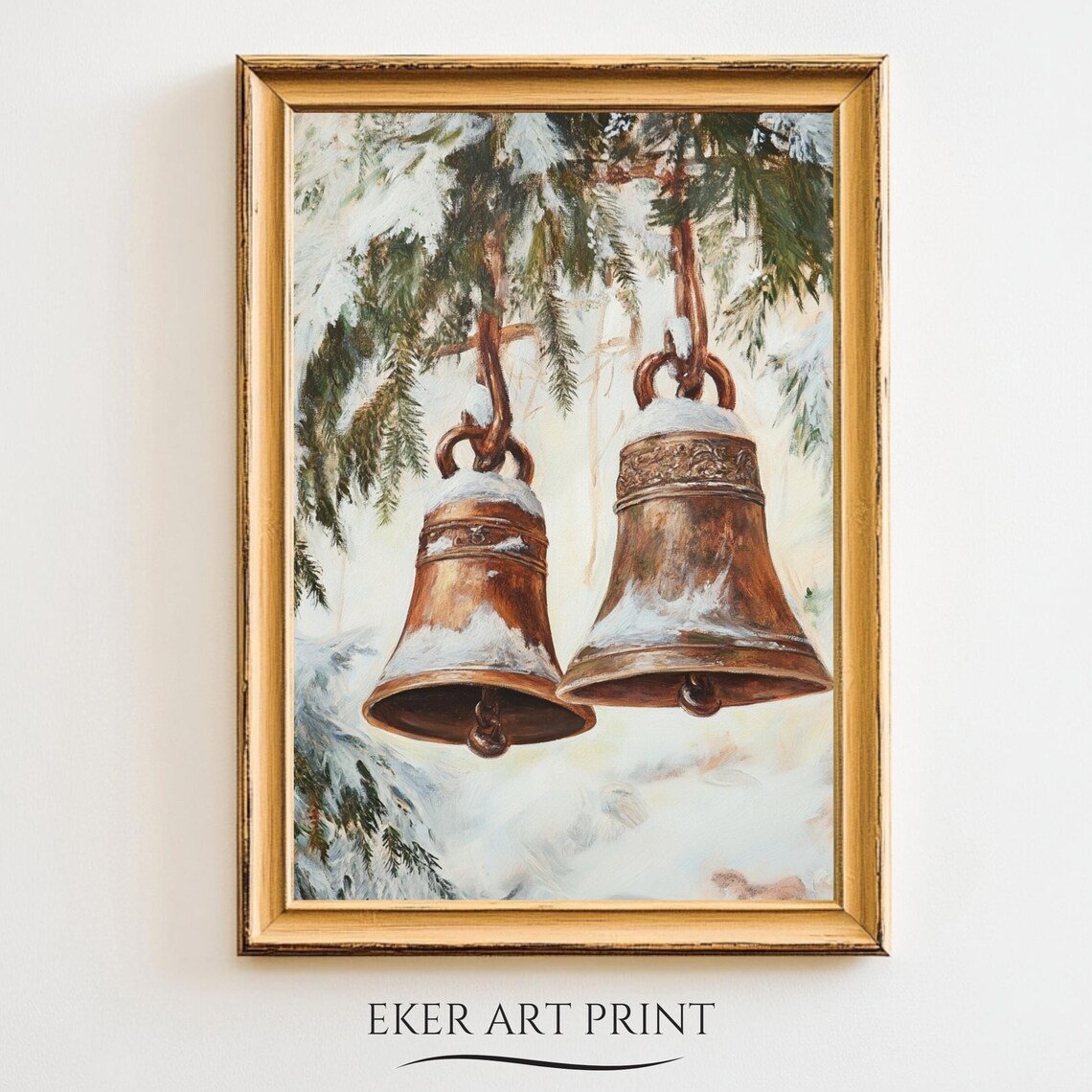 Antique Brass Jingle Bells Snowy Pine Branches Christmas Wall Print