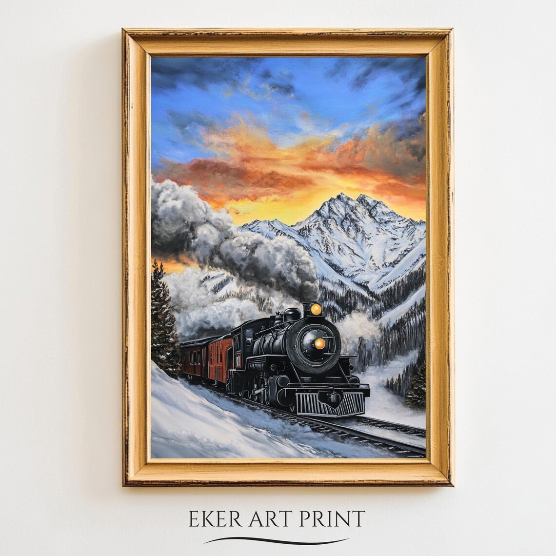 Steam Train Snowy Mountain Sunset Locomotive Winter Painting Art Print