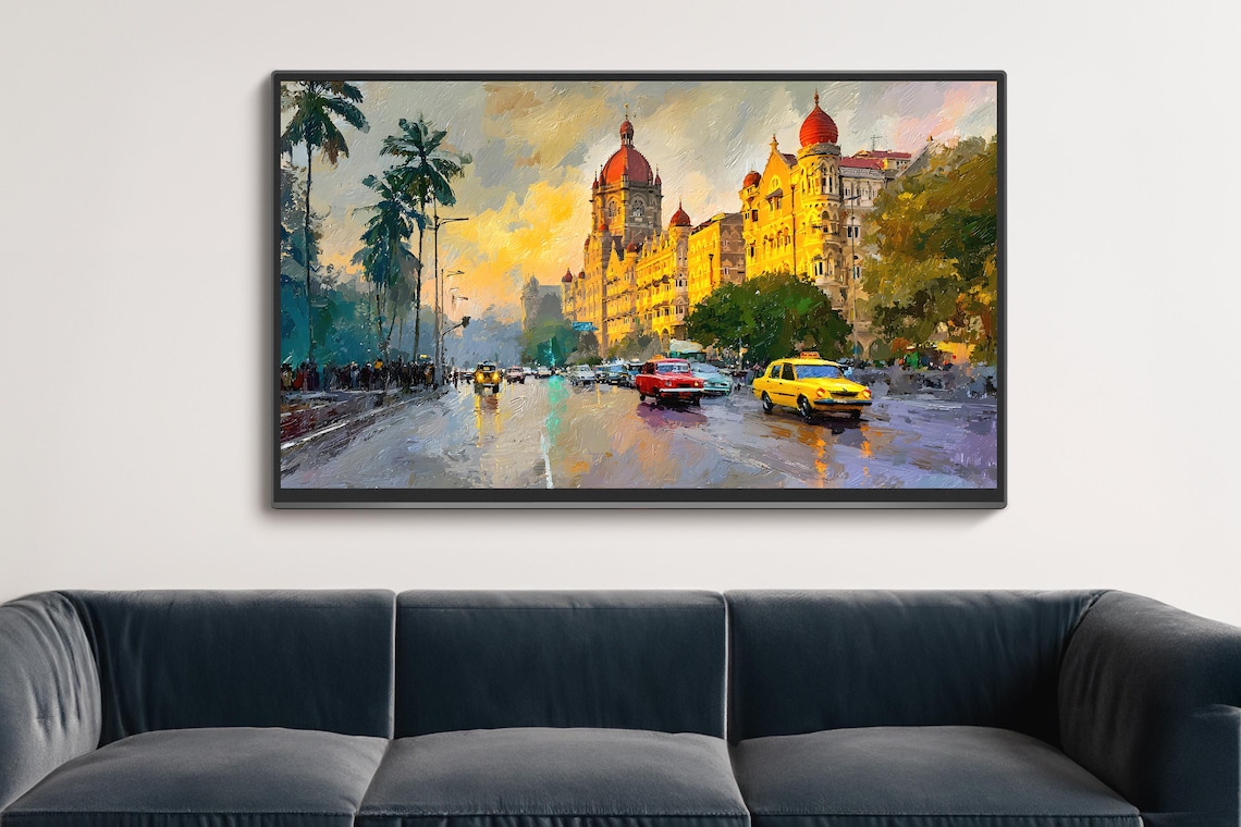 Vintage Mumbai India Victoria Terminus Rainy Street Painting Print