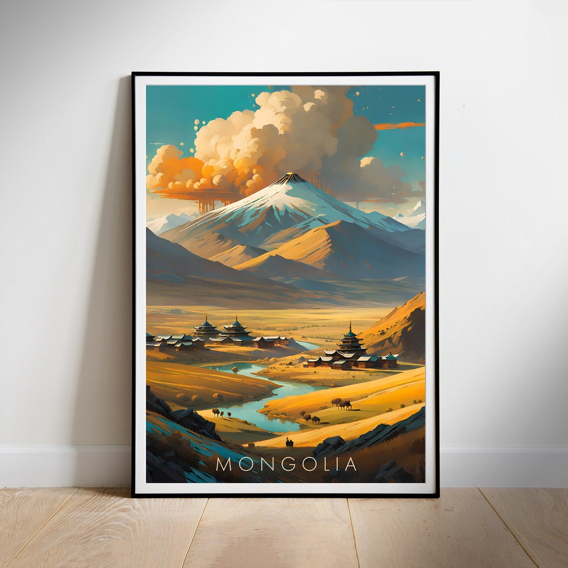 Mongolia Snow Peak Monastery Golden Steppe Landscape Travel Poster - Image 2