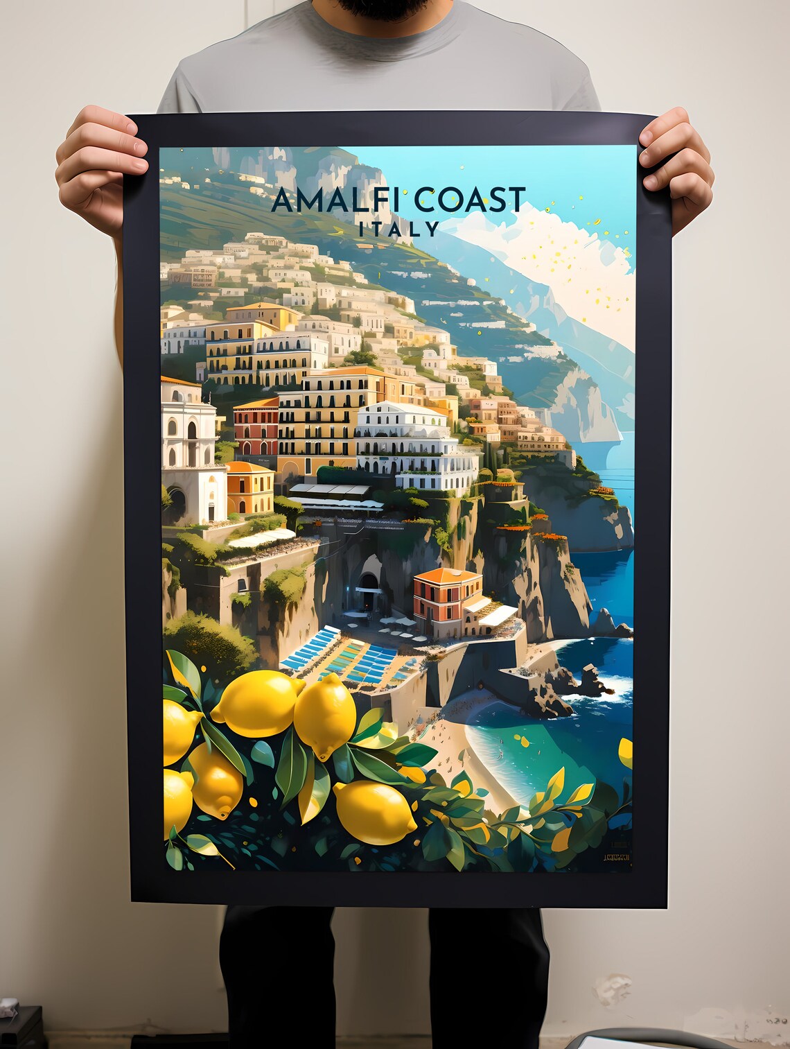 Amalfi Coast Italy Cliffside Village Lemons Illustration Poster