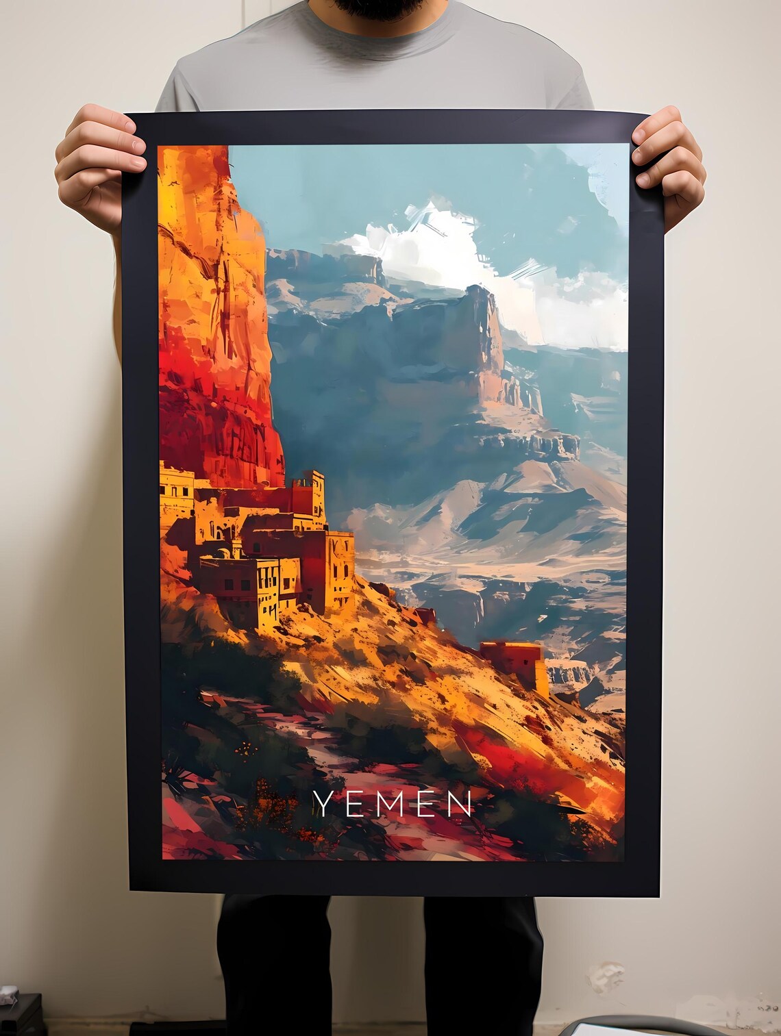 Yemen Cliffside Ancient Stone Mountain Village Sunset Poster - Image 2