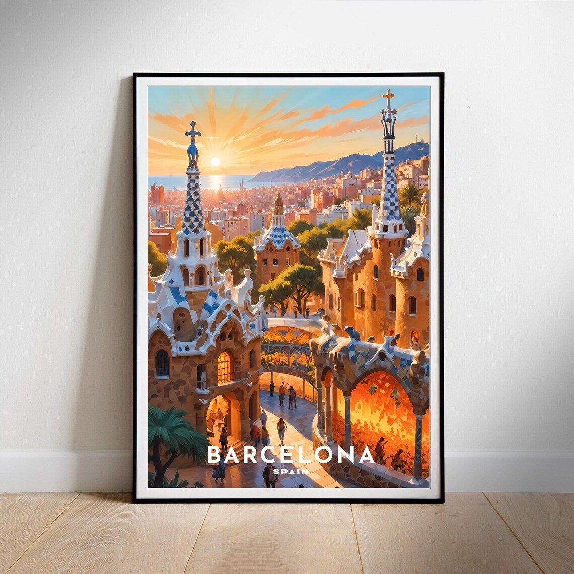 Barcelona Park Guell Sunset Mosaic Terrace View Travel Poster - Image 2
