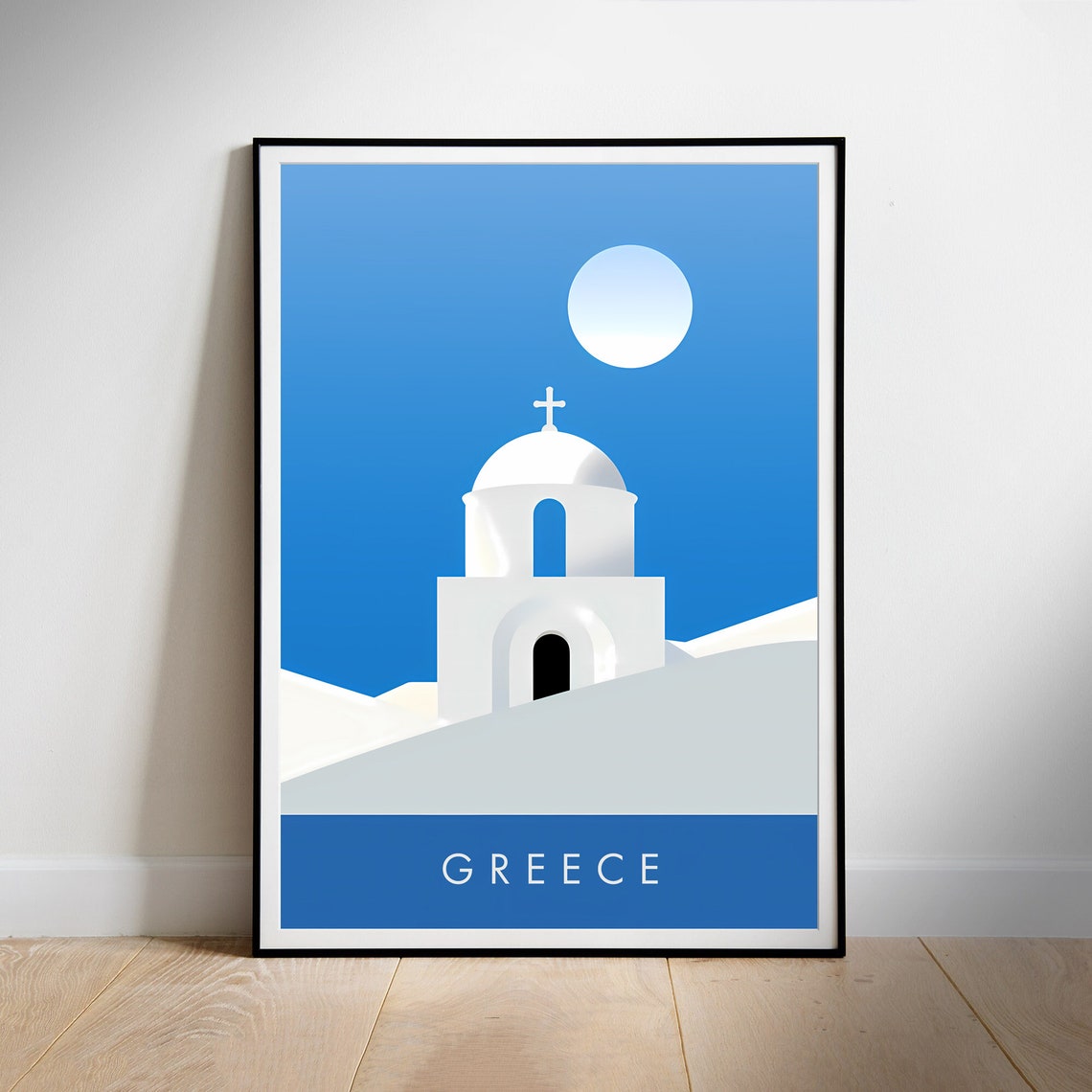 Greece White Chapel Blue Sky Minimalist Island Travel Poster