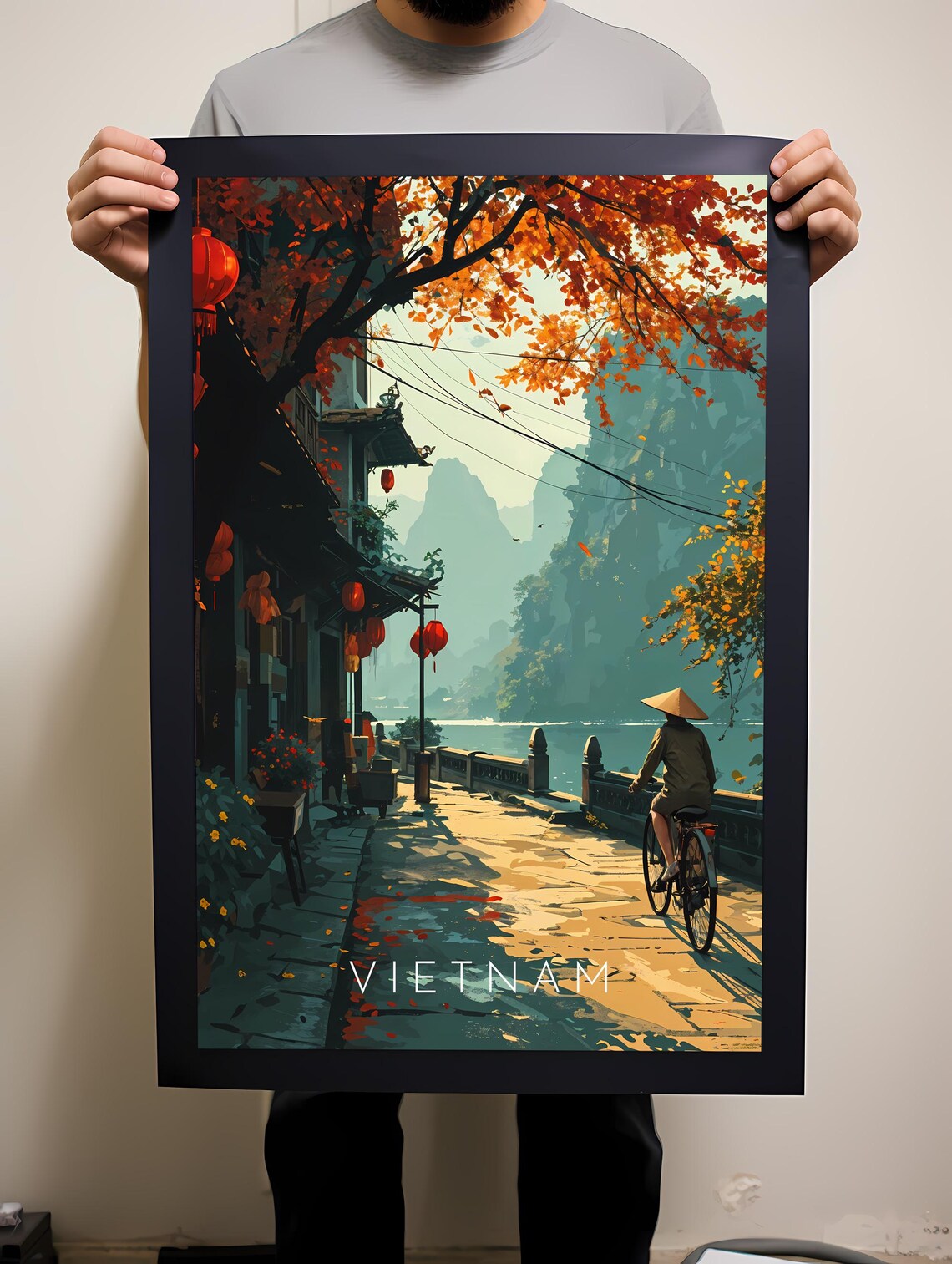 Vietnam Street Lanterns Cyclist Karst Mountains Travel Poster - Image 2
