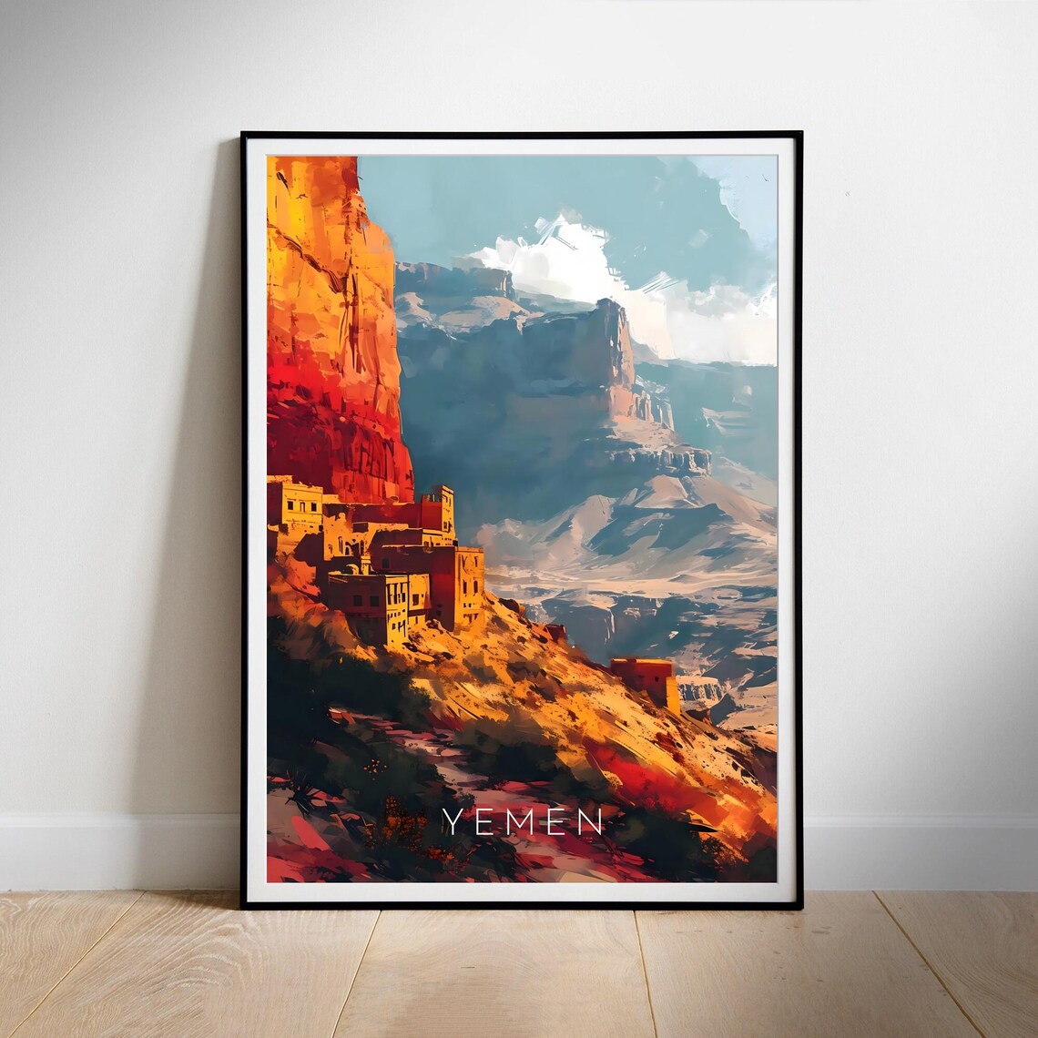 Yemen Cliffside Ancient Stone Mountain Village Sunset Poster
