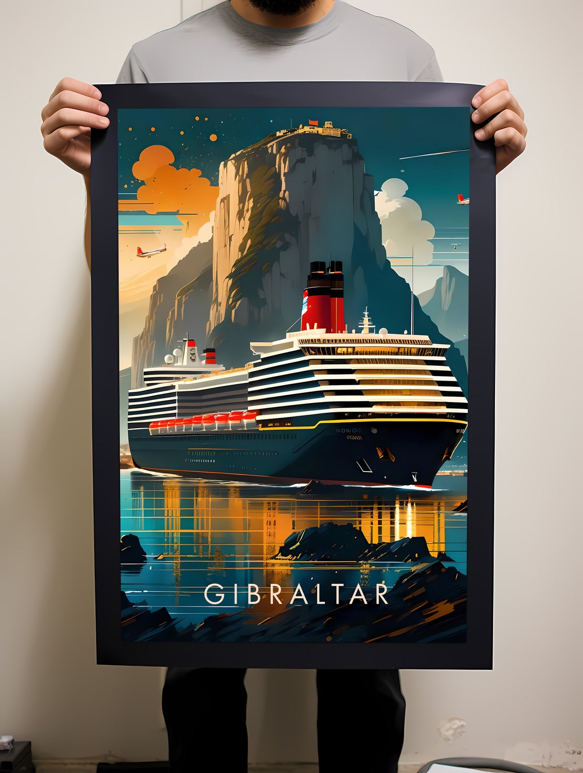 Gibraltar Rock Cruise Ship Sunset Harbor Evening Travel Poster - Image 2