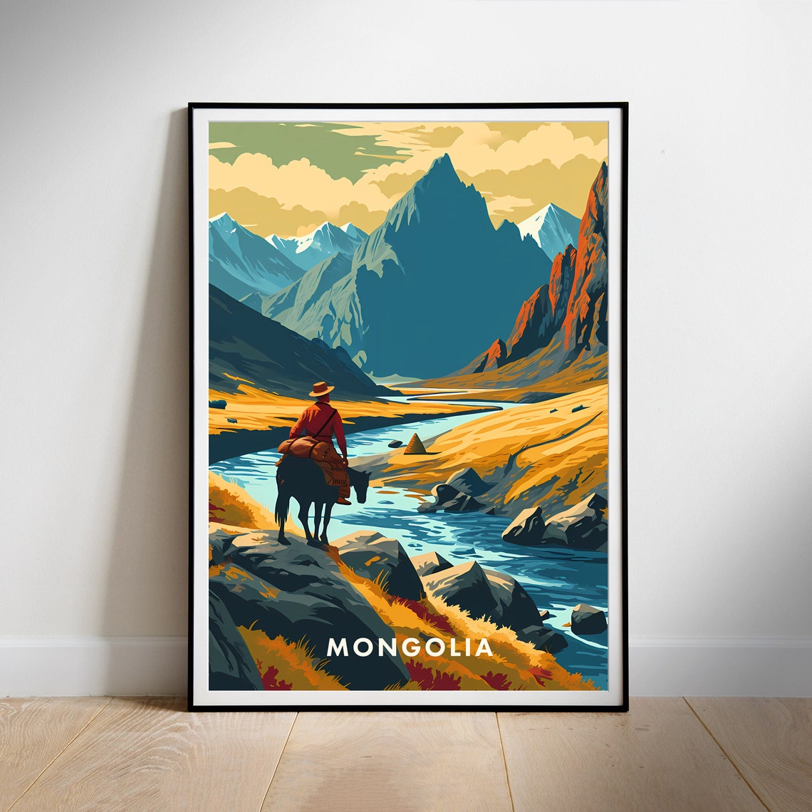 Mongolia Horseback Rider Crossing A River Valley Retro Travel Poster - Image 2