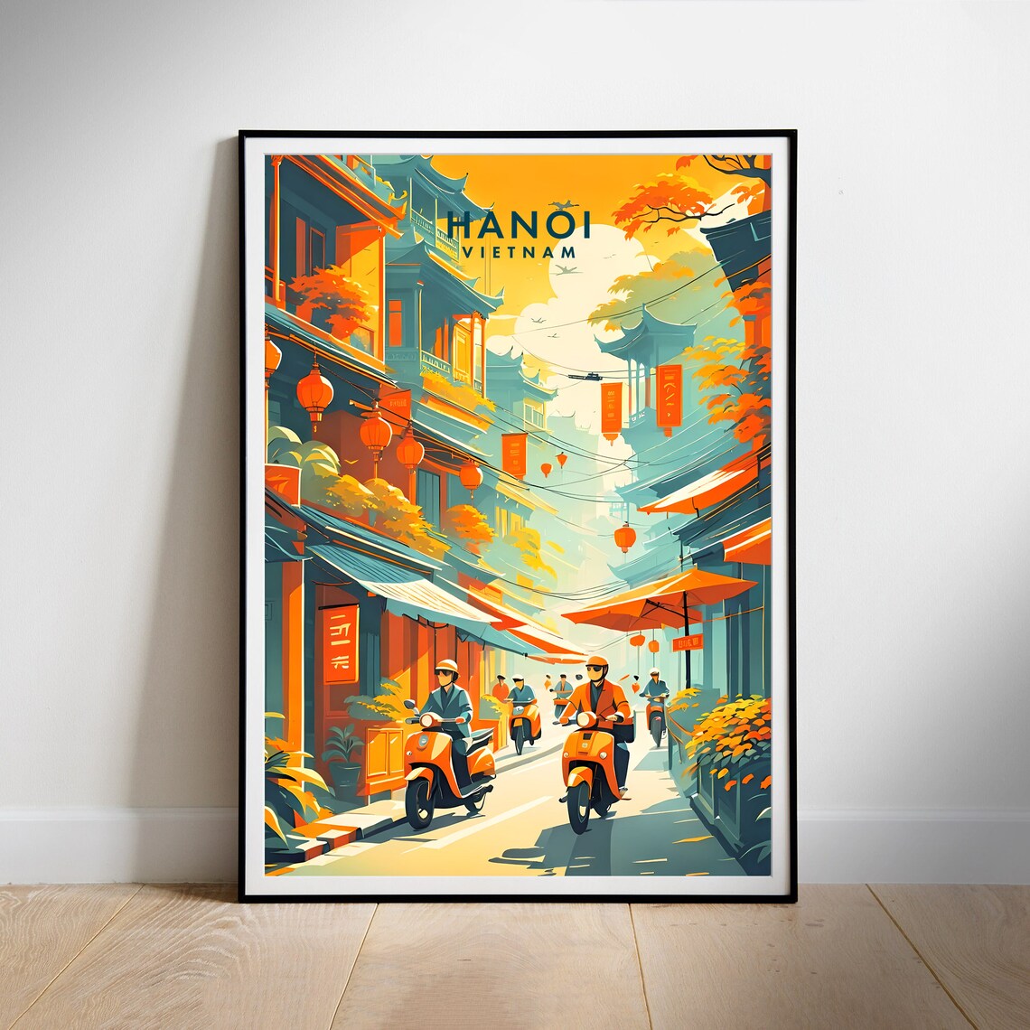 Hanoi Scooter Street Red Lanterns Bold Orange Travel Art Poster - Image 2