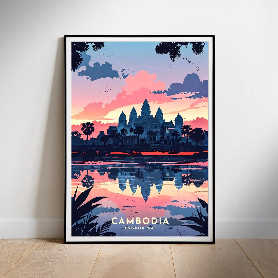 Angkor Wat Sunset Reflection Cambodia Colorful Travel Poster