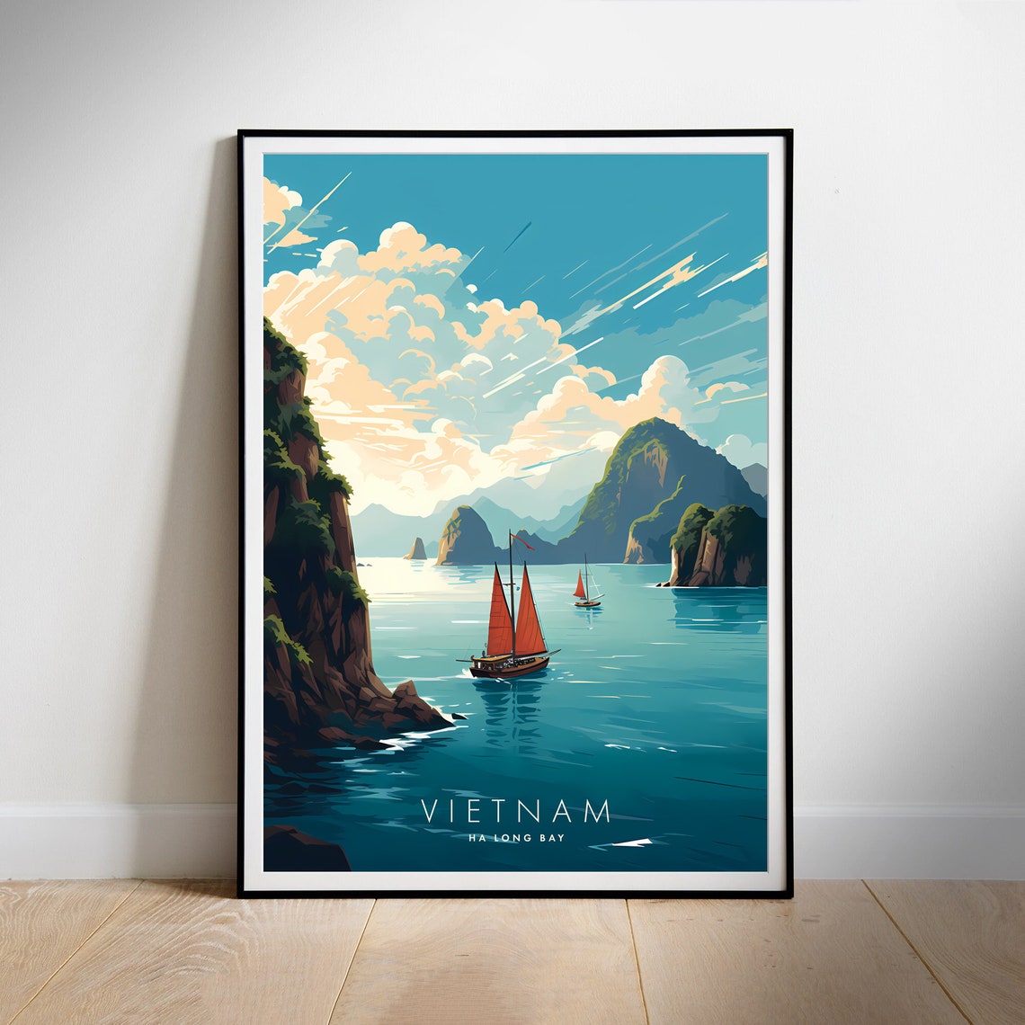 Ha Long Bay Vietnam Red Sails Junk Towering Limestone Karsts Poster - Image 2