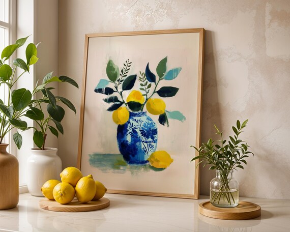 Matisse Lemon Branch Still Life Blue Chinoiserie Vase Cream Wall Art