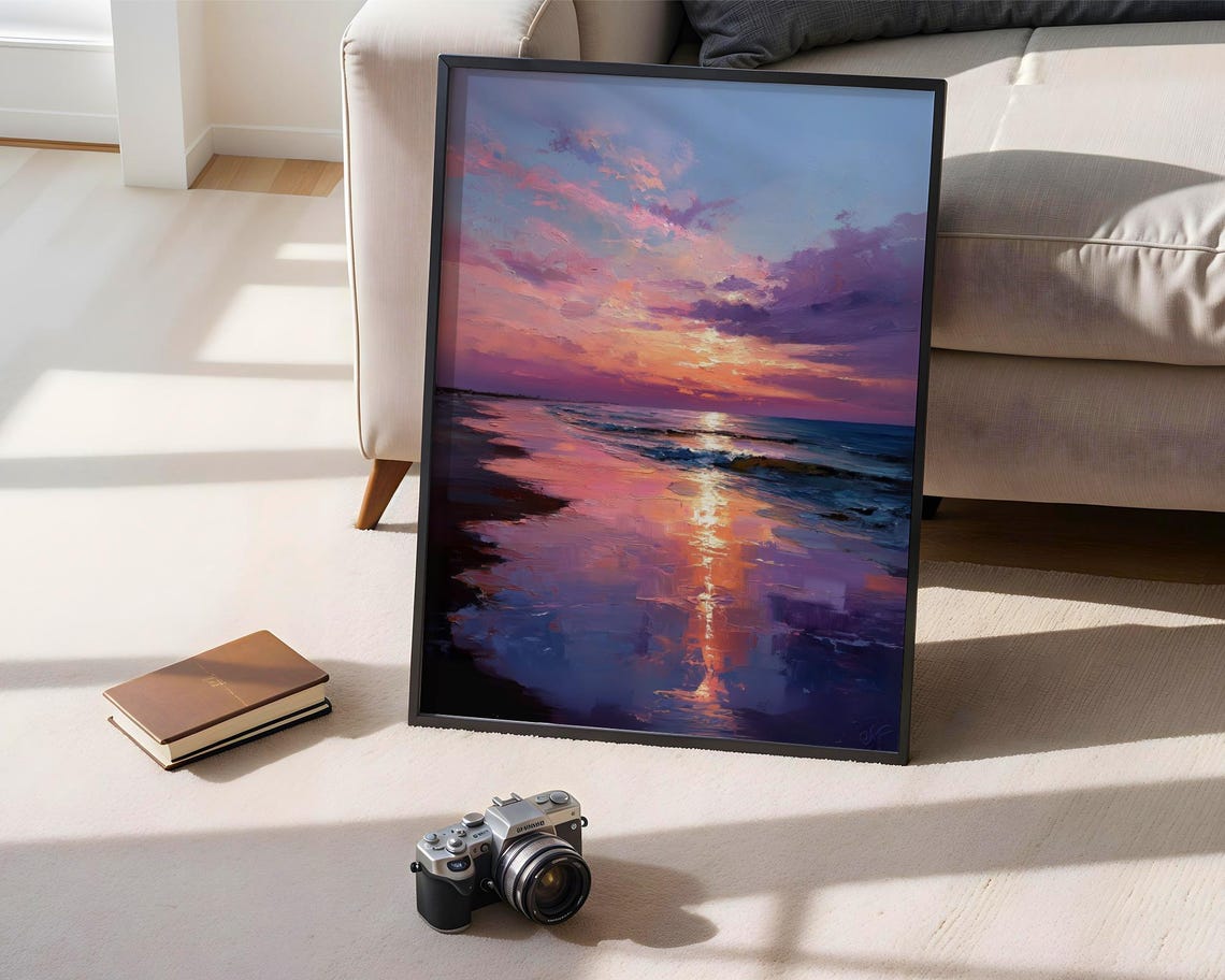 Pink Lavender Sunset Ocean Seascape Tranquil Coastal Painting Poster