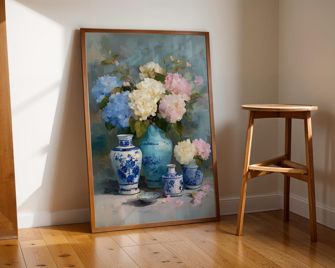 Hydrangeas In Blue Porcelain Vases Floral Still Life Painting Poster