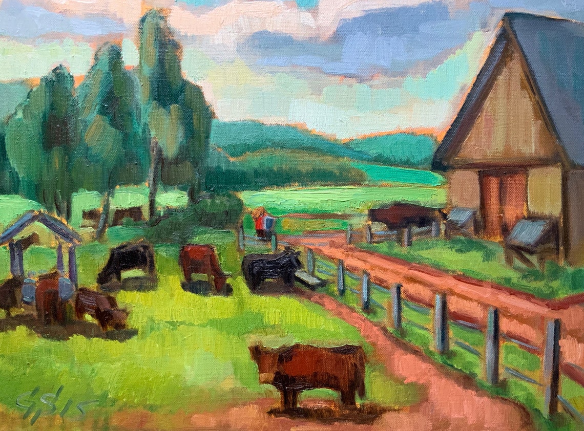 Cows Grazing in a Meadow Farm Scene Oil Painting with Barn Poster