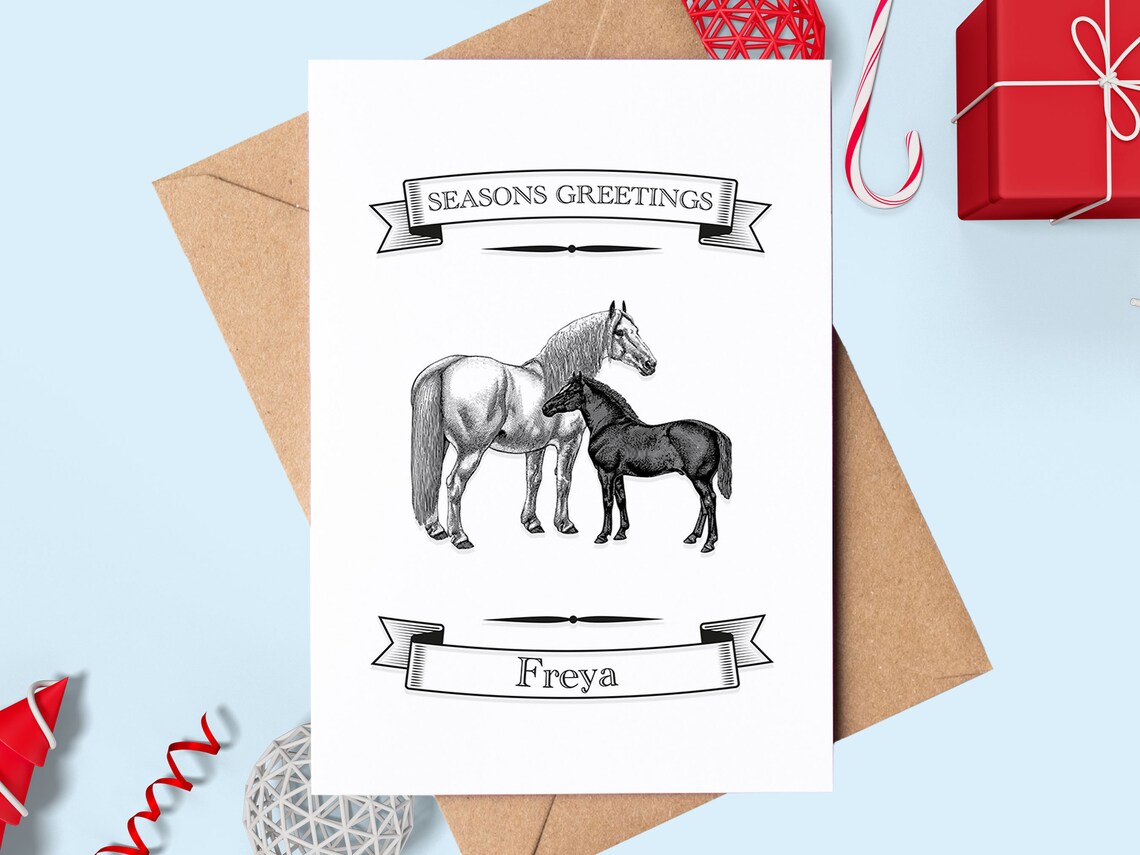 Seasons Greetings Horse Card Poster Vintage Mare And Foal Christmas Gift
