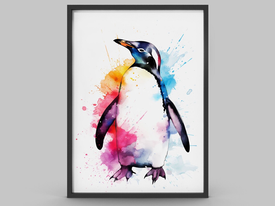 Penguin Watercolor Paint Splatter Colorful Animal Wildlife Print