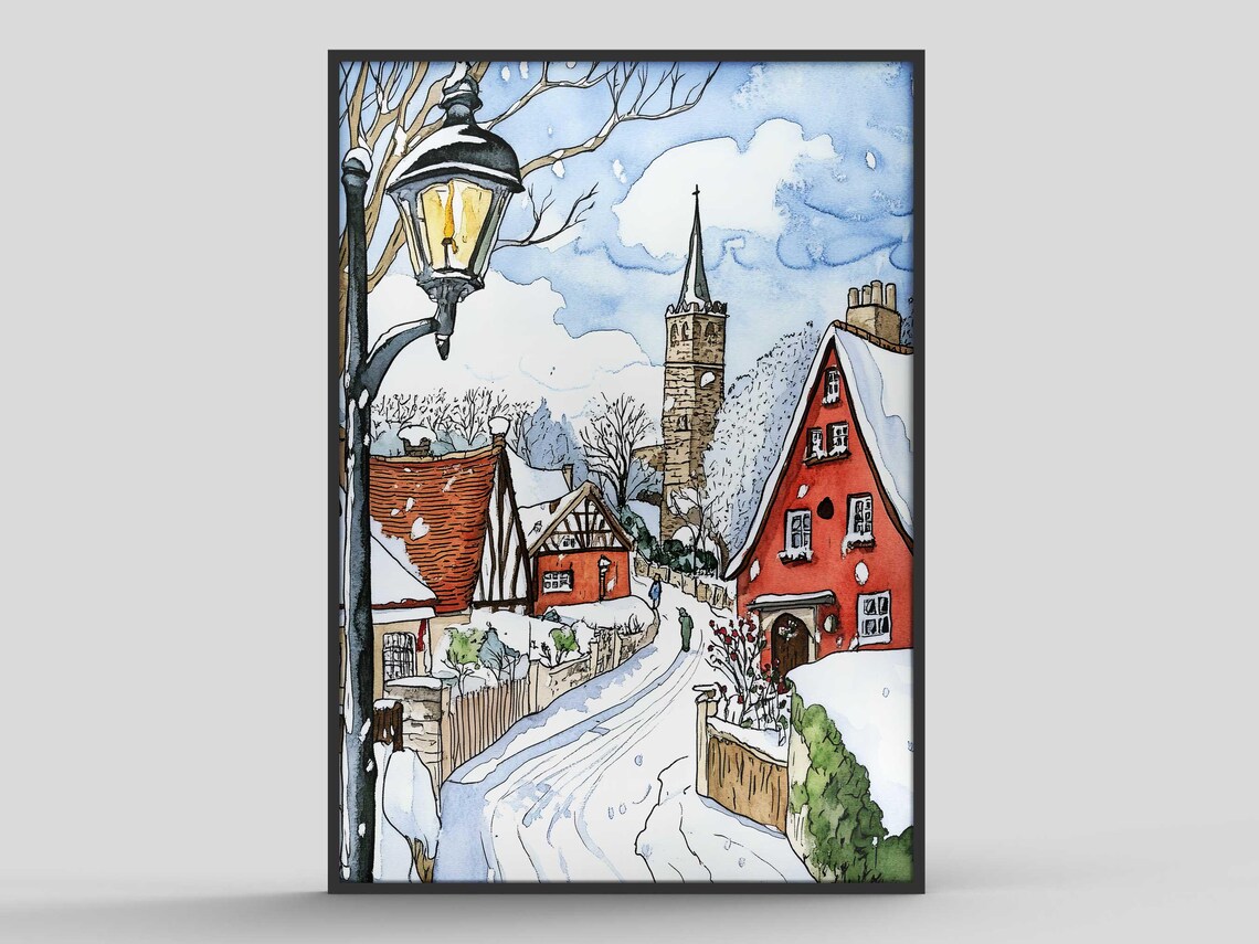 Cozy Snowy English Village Winter Watercolor Landscape Art Print