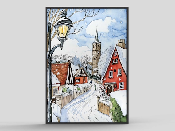 Cozy Snowy English Village Winter Watercolor Landscape Art Print