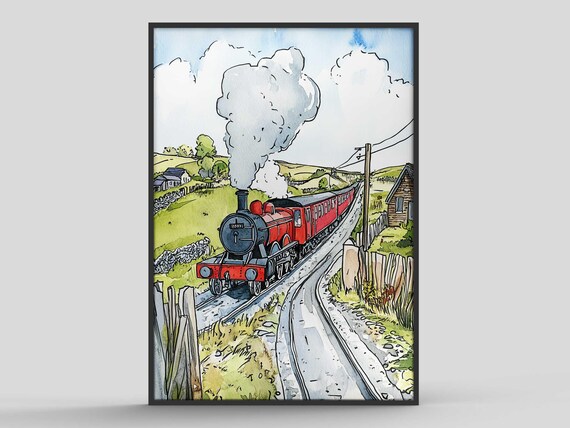 Red Steam Train Countryside Whimsical Watercolor Illustration Art Print