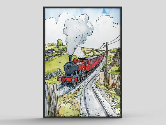 Steam Train Watercolour And Pen Print Railway Scene Poster Home Decor Wall Art
