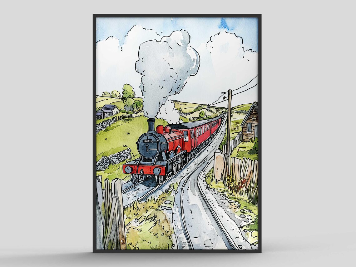 Red Steam Train Countryside Whimsical Watercolor Illustration Art Print