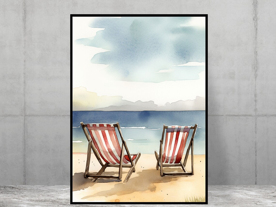 Seaside Deck Chairs Scene Coastal Watercolor Art Print