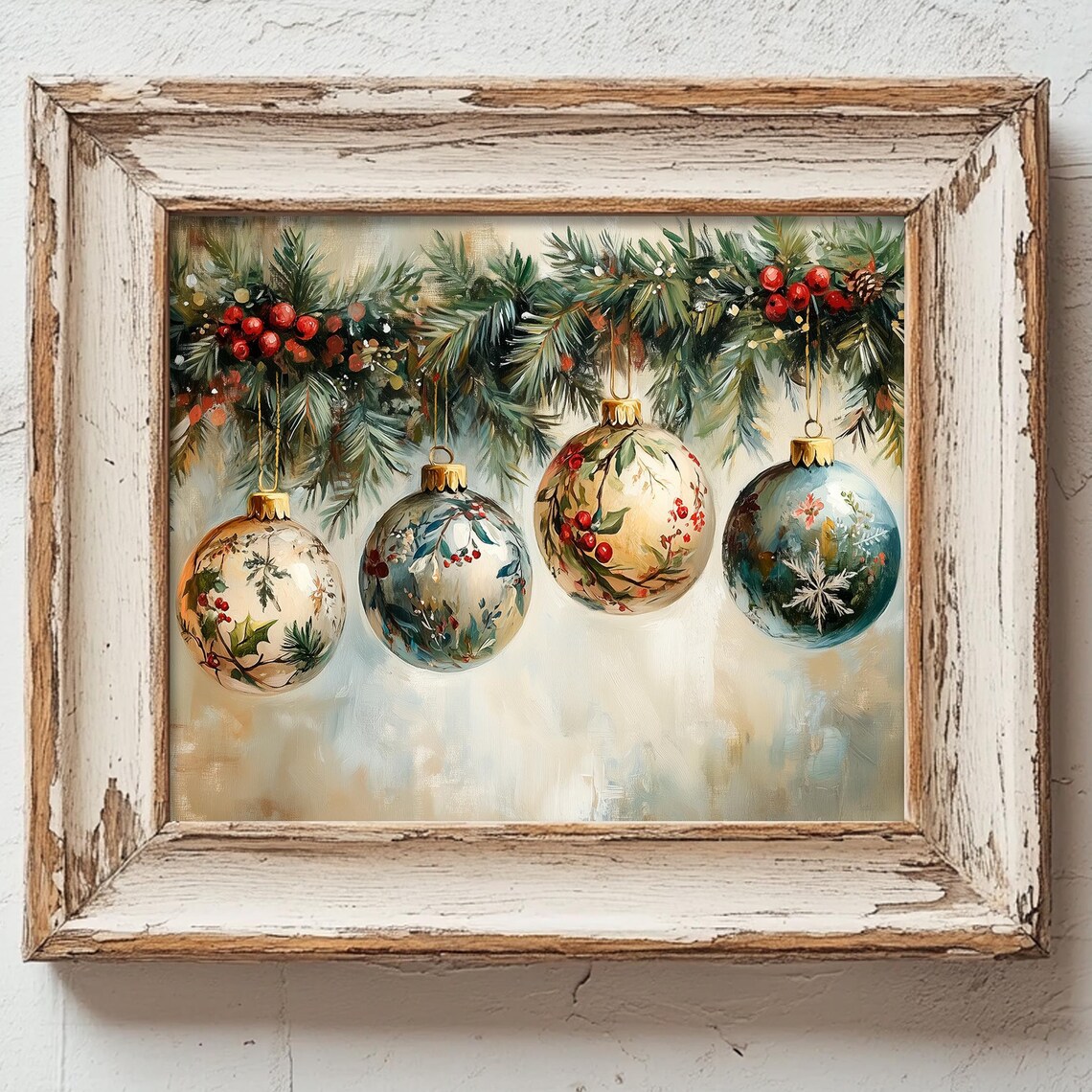 Vintage Christmas Ornament, Victorian Holly Garland Art Print