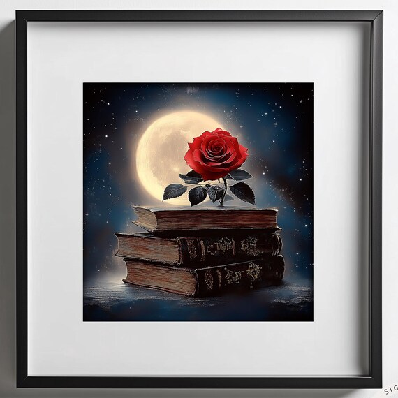Red Rose On Vintage Books Full Moon Night Dark Romance Wall Art Poster