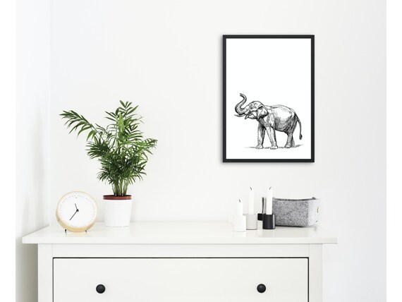 Elephant Sketch Black and White Safari Animal Ink Drawing Wall Print