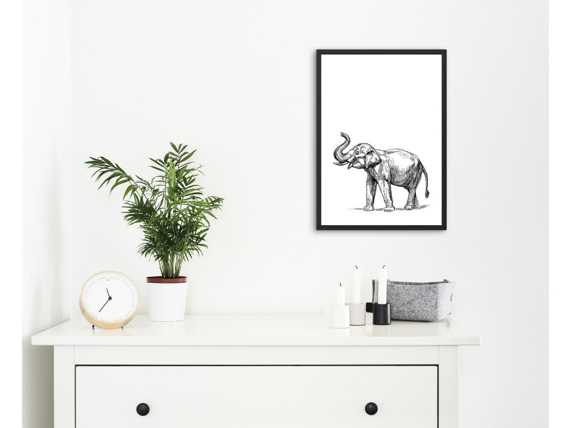 Elephant Sketch Black and White Safari Animal Ink Drawing Wall Print