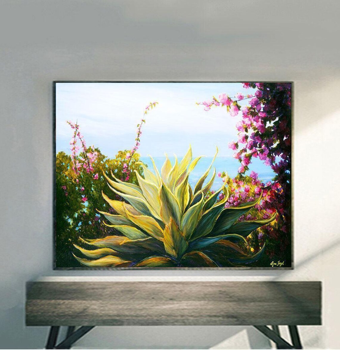 Blue Agave Succulent Pink Bougainvillea Ocean View Painting Poster