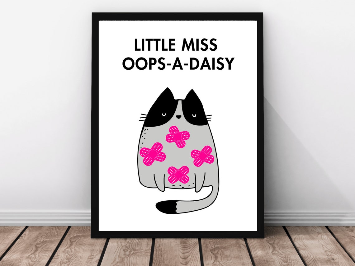 Little Miss Oops A Daisy Cute Bandaged Cat Pink Cartoon Poster