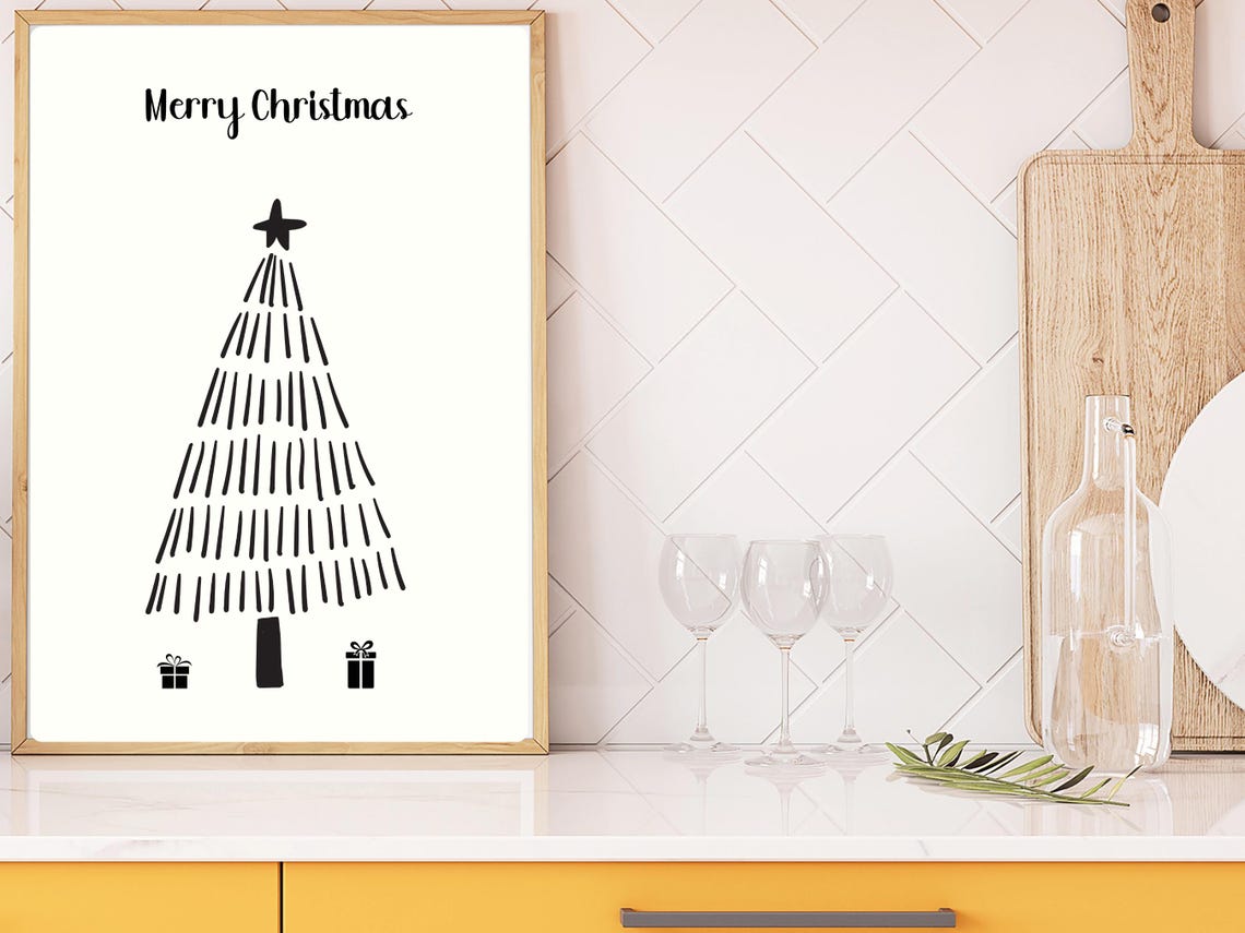 Merry Christmas Black Line Art Tree Gifts Minimalist Holiday Poster