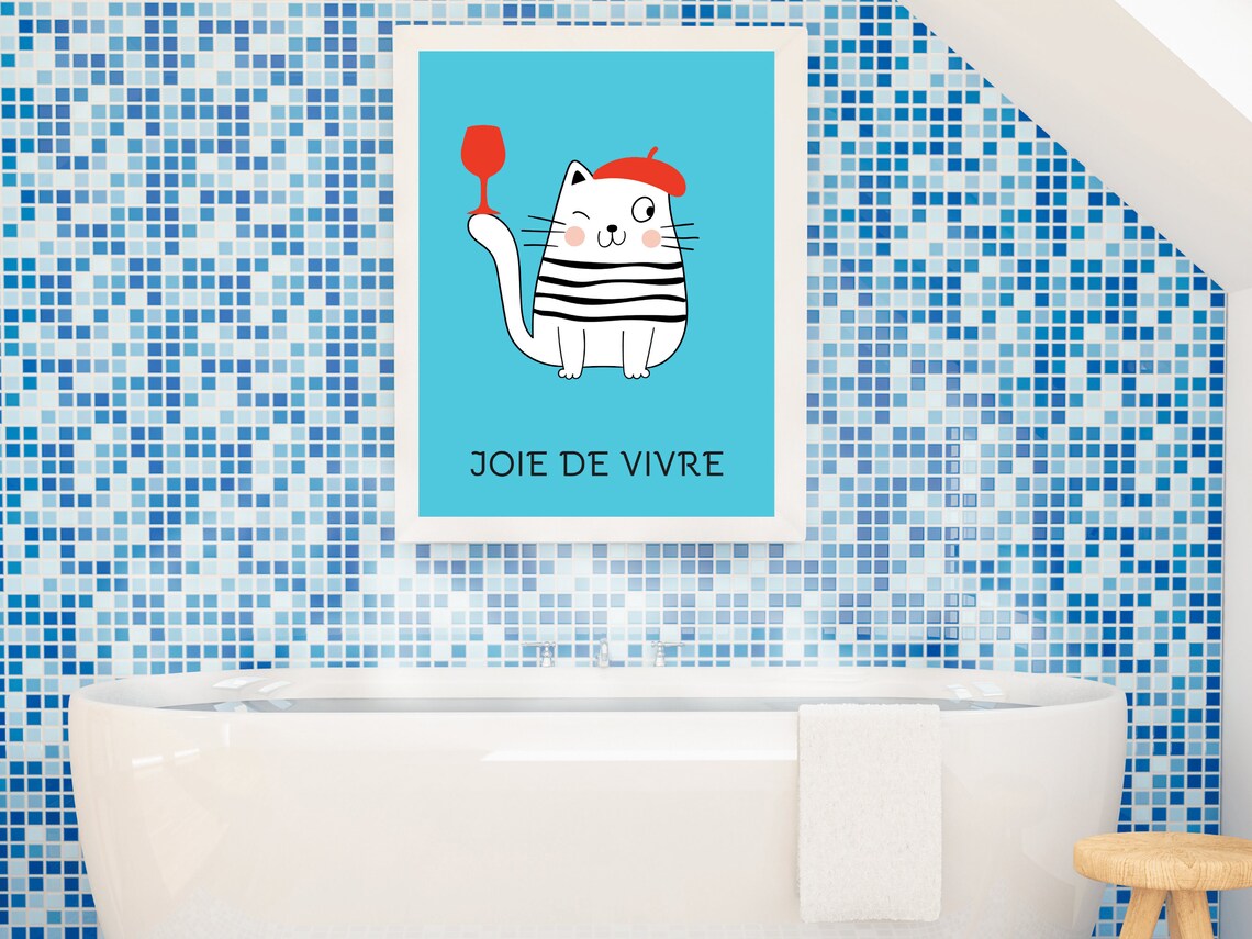 Joie De Vivre French Cat Beret Wine Glass Fun Cat Lover Poster - Image 3