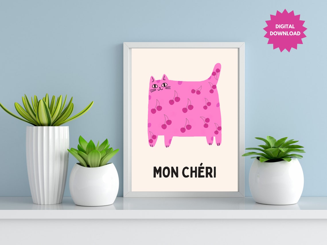 Mon Cheri Pink Chunky Cat Cherry Pattern French Kitty Poster