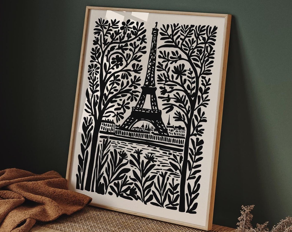 Black and White Eiffel Tower Between Trees Folk Linocut Poster - Image 6