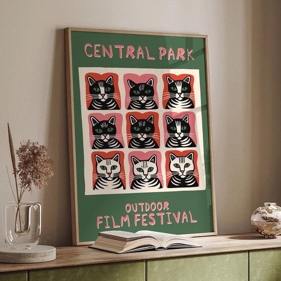 Central Park Outdoor Film Festival Pop Art Cat Faces Grid Poster