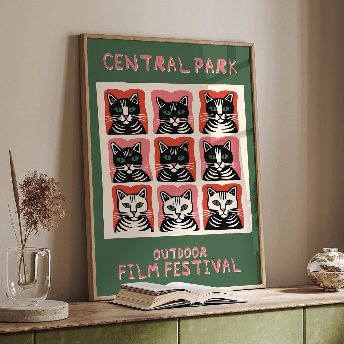 Central Park Outdoor Film Festival Pop Art Cat Faces Grid Poster