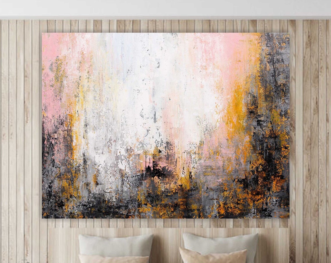 Soft Blush Pink Grey Gold Distressed Neutral Abstract Wall Art