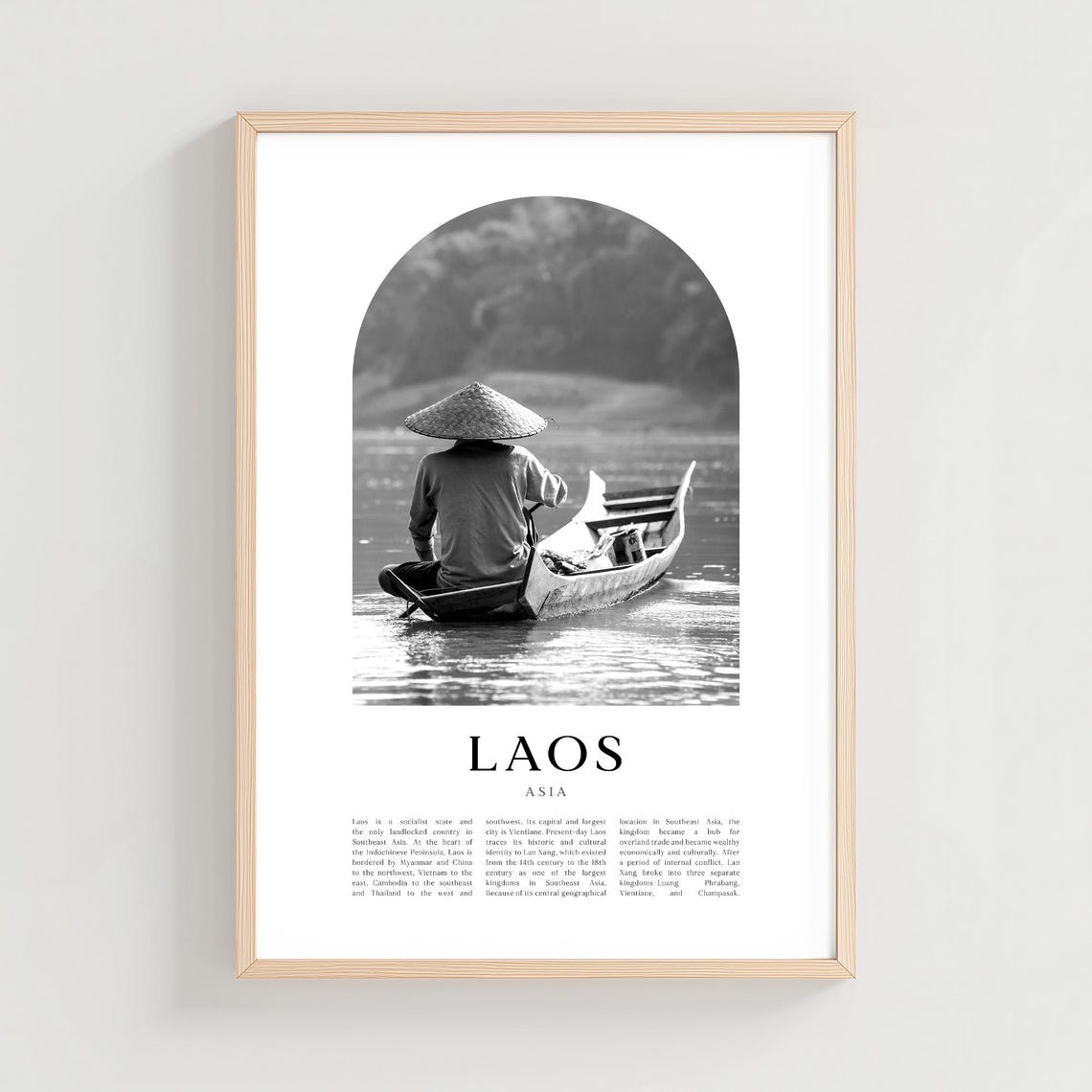 Laos Mekong River Boatman Black and White Photography Travel Poster