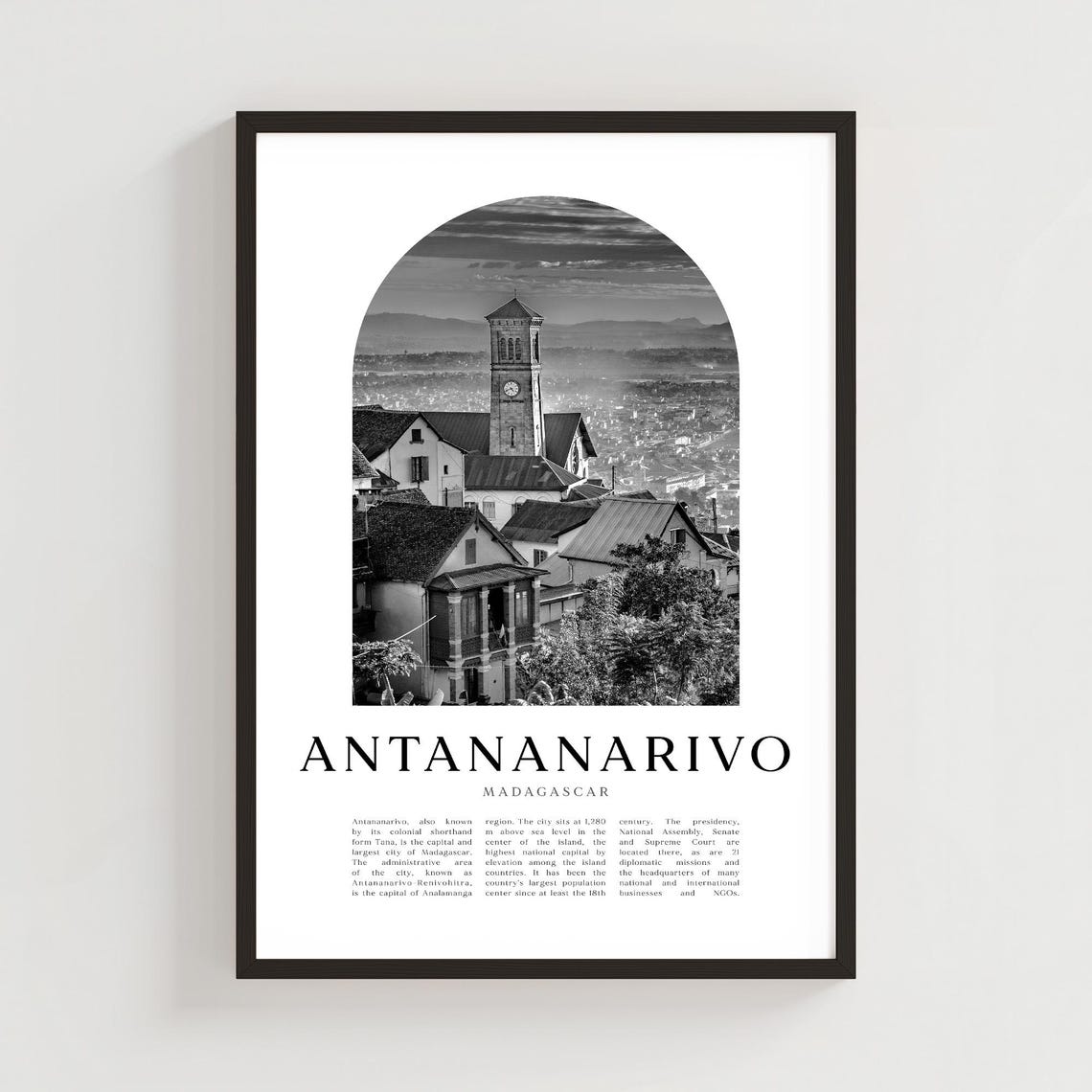 Antananarivo Madagascar Historic Clock Tower Black and White Poster